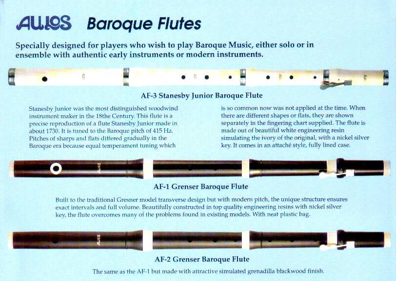 Aulos leaflet with three models of baroque flutes. The AF-1, AF-2, and AF-3